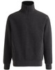 A dark grey 1/2 zip collar fleecy jumper featuring long sleeves and elastic cuffs. It has a logo on the chest.