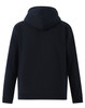 A men's full-zip fleecy hoodie in navy blue, featuring a hood and long sleeves, with a logo on the back.