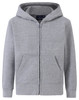 A grey full-zip fleecy hoodie with a hood and front pockets, featuring a logo on the chest.