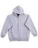 A grey full-zip fleecy hoodie with a hood and front pockets, featuring a logo on the chest.