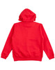 A red kid's full-zip fleecy hoodie with a hood, featuring long sleeves and a solid back design.