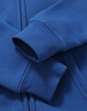 A blue full-zip fleecy hoodie featuring a logo and ribbed cuffs.