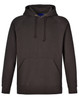 A men's fleecy hoodie in dark brown with a front pocket and drawstring hood. Features a logo.