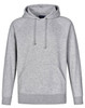 A grey men's fleecy hoodie featuring a kangaroo pocket and a drawstring hood. It has a logo on the chest.