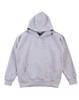 A grey kids' fleece hoodie featuring a front pocket and a hood, with raglan sleeves. It has a logo on it.