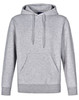 A grey adult's hoodie with a close front, contrast detailing, and a kangaroo pocket. Features a logo.