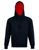 A black hoodie featuring a contrast red lining, complete with a front pocket and a drawstring hood.