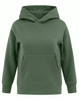 A green kids' hoodie with a front pocket and a contrast fleecy interior. It features a hood and long sleeves.