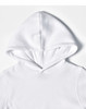 A white fleecy hoodie featuring a close front design and a drawstring hood, with a small logo.