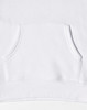 A white fleece hoodie featuring a front pocket and a smooth texture. It includes a logo detail.
