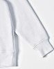 A white fleece hoodie featuring a close front design and contrast stitching on the cuff. The garment has a logo.
