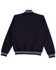 A navy fleece varsity jacket featuring a ribbed collar and striped cuffs. Includes a logo on the back.