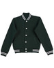 A green varsity jacket featuring a collar, striped cuffs, and a front button closure. It includes side pockets and a logo.