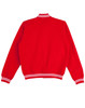 A red varsity jacket with white stripes on the collar and cuffs, featuring a logo on the front.