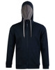 A black full zip fleece hoodie with a contrasting inner lining and a hood. Features pockets and a logo.