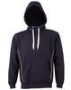 A navy blue hoodie featuring a kangaroo pocket, contrasting white details, and a hood. It has a logo on the front.