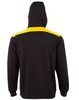 A black hoodie with a yellow contrast stripe across the shoulders and a kangaroo pocket. Features a hood and a logo.
