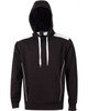 A black hoodie with contrast white detailing and a kangaroo pocket, featuring a hood and drawstrings.