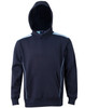 A navy hoodie featuring a kangaroo pocket, contrast detailing, and a hood. Includes a logo on the front.
