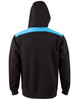 A black hoodie with a blue contrast stripe across the shoulders and a hood. It features a logo on the front.