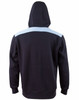A navy hoodie featuring a light blue contrast stripe across the shoulders and a hood. It has a logo on the back.