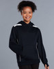 A girl wearing a navy hoodie with a kangaroo pocket and contrasting white accents. The hoodie features a logo.