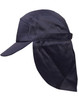 A navy poly cotton legionnaire hat featuring an extended neck flap and a front brim, with a logo on the side.