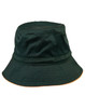 A green bucket hat with a slim brim and an orange underside. It features a logo on the side.