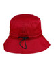 A red bucket hat with a toggle adjustment and a wide brim. The hat features a simple design and has a logo.