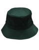 A dark green bucket hat featuring a wide brim and a toggle for adjustment. The hat includes a logo.