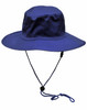 A blue surf hat featuring a clip-on chin strap and eyelets for ventilation. It has a wide brim for sun protection.