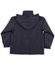 A navy jacket with a hood, featuring a simple design and a logo on the back.