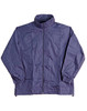 A navy outdoor activity spray jacket with a high collar and zip fastening, featuring elastic cuffs and a logo.