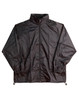A black kids' spray jacket featuring a zip front, elastic cuffs, and a drawcord hem, with a logo.