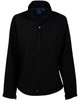 A ladies' softshell jacket in black, featuring a zip front and pockets, with a logo on the collar.