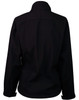 A black softshell jacket featuring a collar and a simple back design. It has a logo on the fabric.
