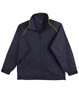 A black track jacket with yellow detailing and a collar, featuring a logo on the front.