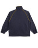 A navy kids' track top with yellow piping, featuring a high collar and elastic cuffs. It has a logo on the back.