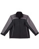 A reversible jacket in black and grey with contrasting design elements and a logo on the left side.