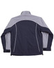 A reversible jacket featuring contrast navy and grey colours with white stitching and a high collar. It has a logo on it.