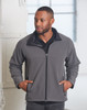 A men's softshell jacket in grey, featuring a zip-up front and side pockets, with a collar and branding.