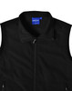 A black men's softshell hi-tech vest with a zippered pocket and a collar, featuring a logo tag.