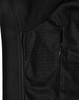 A close-up of a black men's softshell hi-tech vest, featuring a textured fabric and a zippered pocket.
