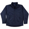 A navy blue men's jacket with a zip front, two side pockets, and a collar. It features a logo on the upper left.