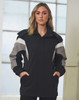 A black jacket with grey accents and a hood, featuring a front zipper and pockets, and includes a logo.