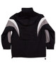 A tri-colour jacket with a hood in black and grey, featuring a logo and a sporty design.