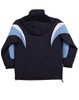 A tri-colour jacket with a hood, featuring navy blue and light blue accents. The jacket has a logo.