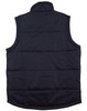 A dark navy padded vest with a collar and quilted design, featuring a visible logo on the backside.