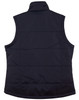 A navy blue ladies' padded vest featuring a rip-stop design and a back view, with a logo on the fabric.