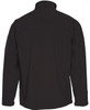 A black softshell jacket featuring a high collar and a logo on the sleeve. The back view displays a sleek design.